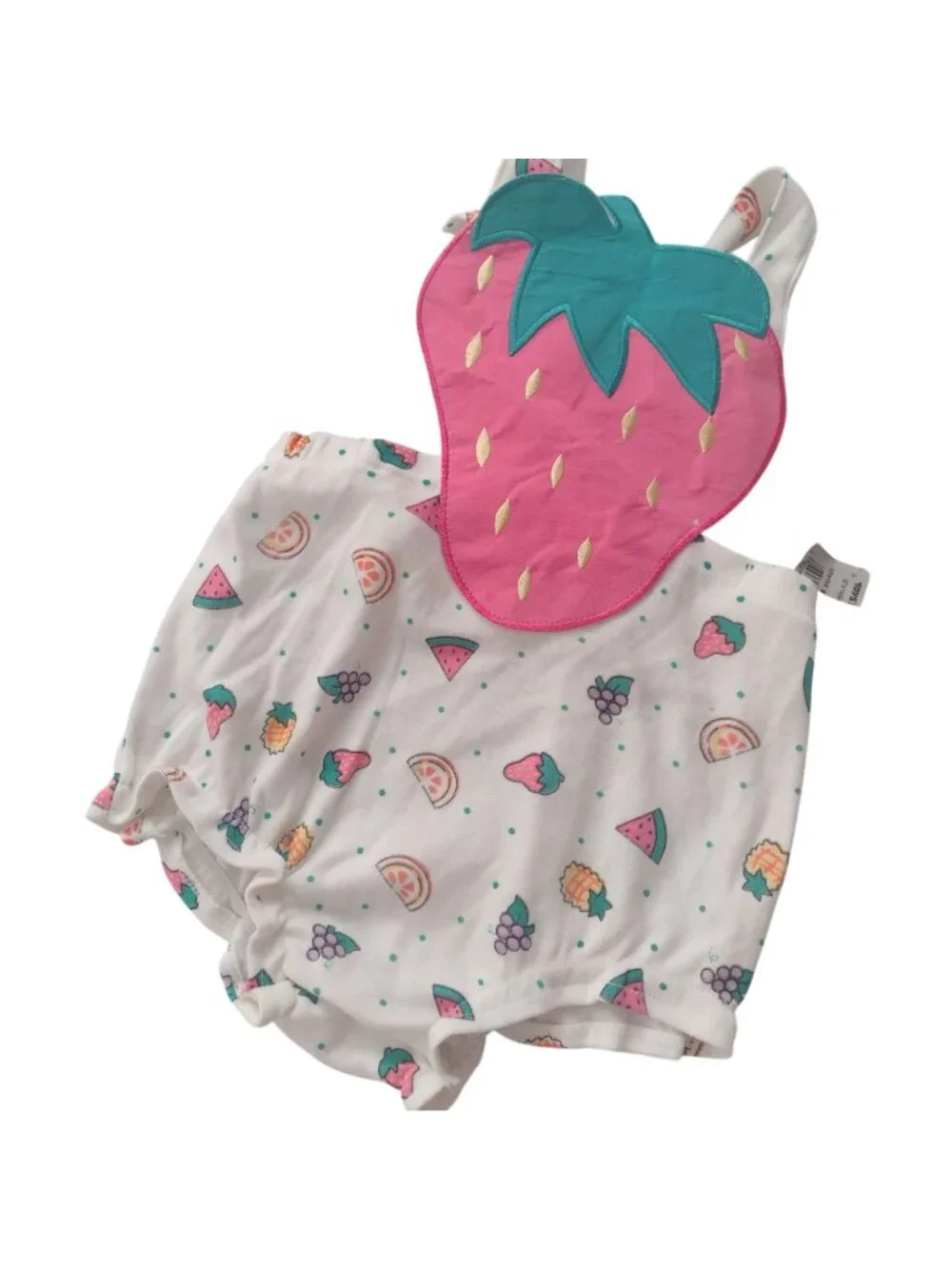 Vtg Fisher-Price Kidswear 2T Fruit-Print Romper NEW Deadstock w Strawberry Bib - Picture 8 of 8